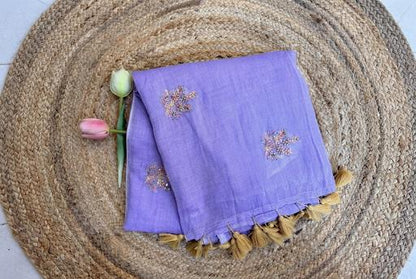 Lilac - Pure Mul hand embroidery Saree
