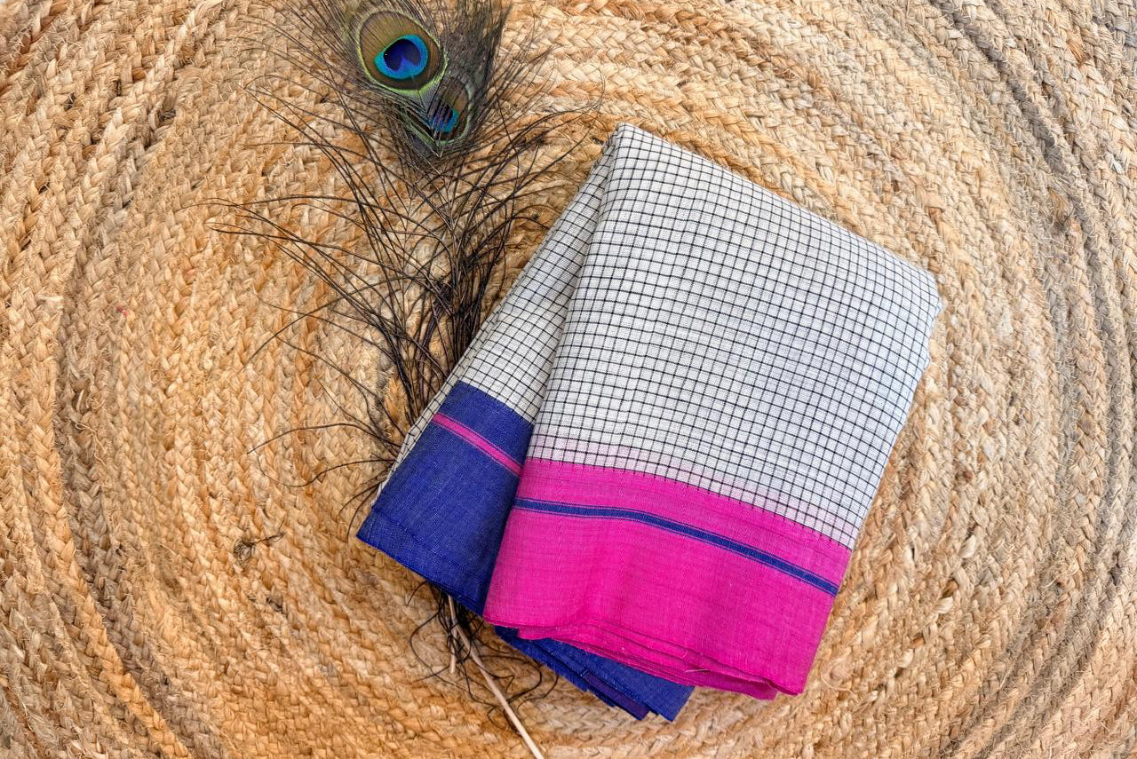 Ganga - Pure handloom off white patteda anchu pink and blue