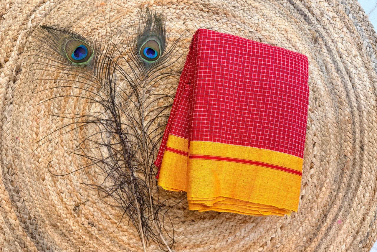 Ganga - Pure handloom red patteda anchu yellow border