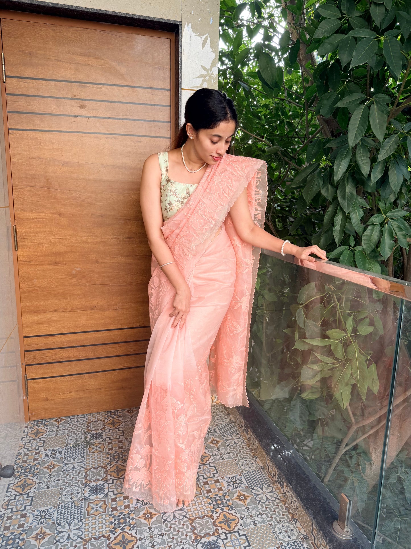 Organza glass tissue applique saree - Peach