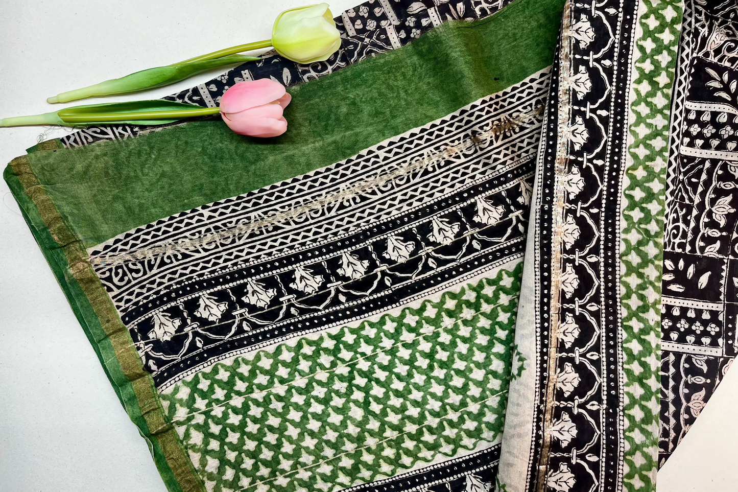 Chanderi silk with floral  handblock print- black