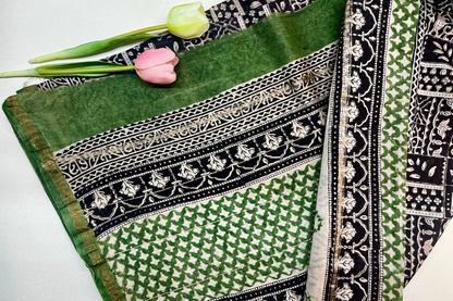 Chanderi silk with floral  handblock print- black