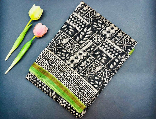 Chanderi silk with floral  handblock print- black