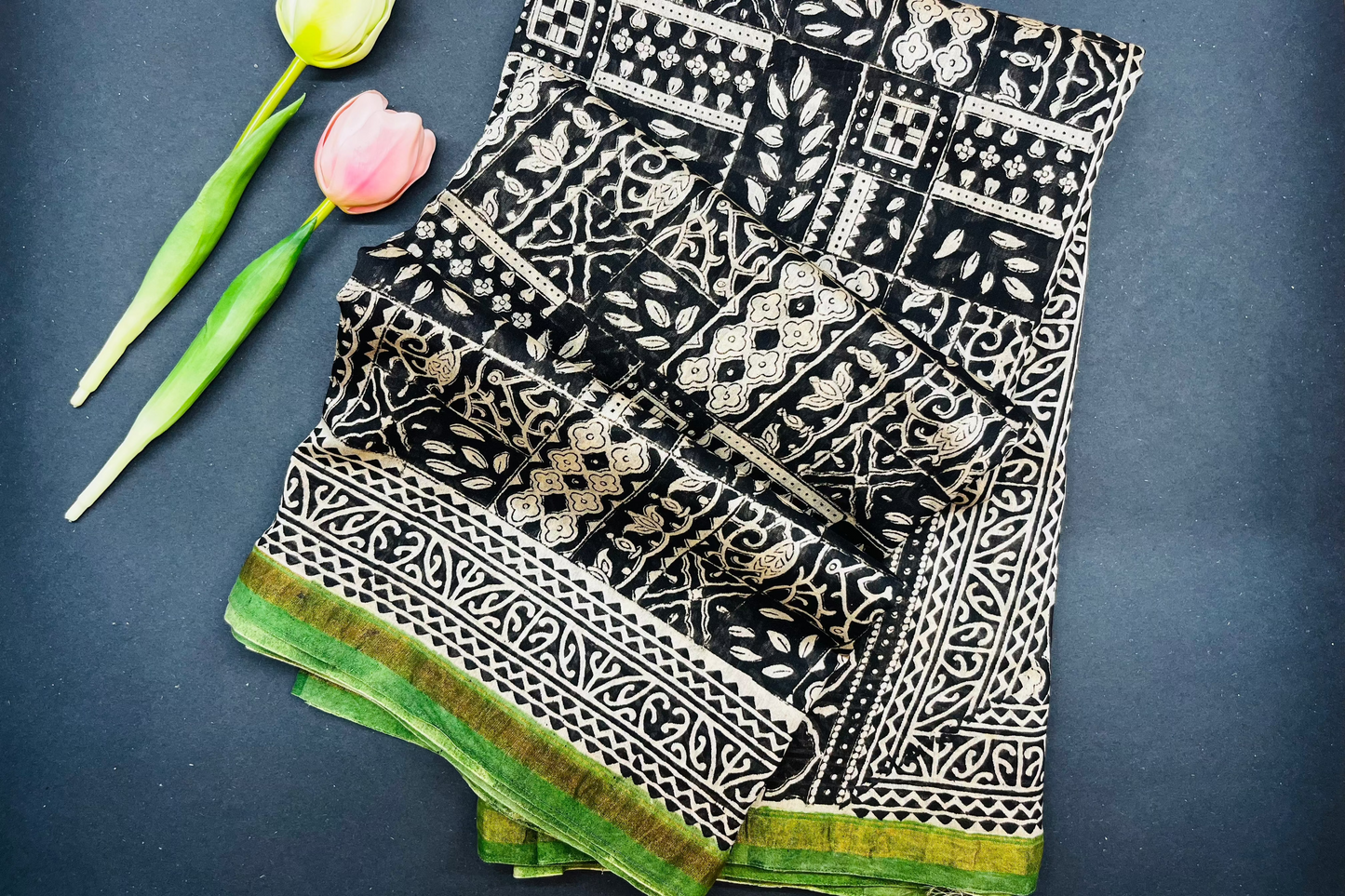 Chanderi silk with floral  handblock print- black