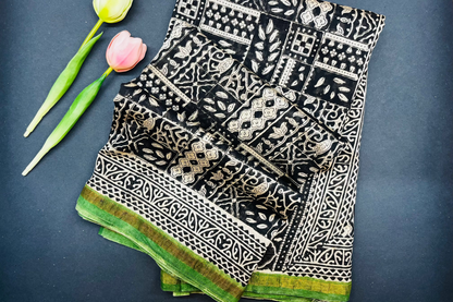 Chanderi silk with floral  handblock print- black