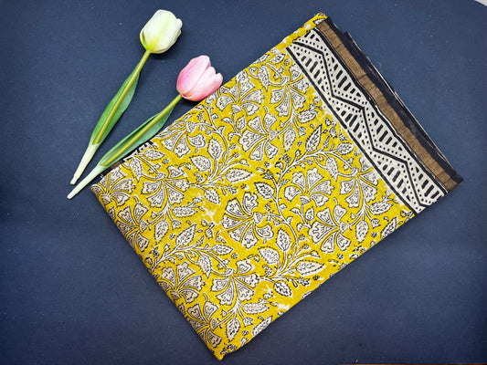 Chanderi silk with floral  handblock print- yellow