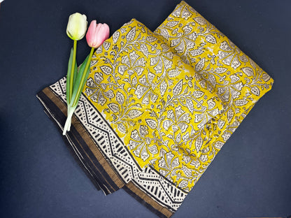 Chanderi silk with floral  handblock print- yellow
