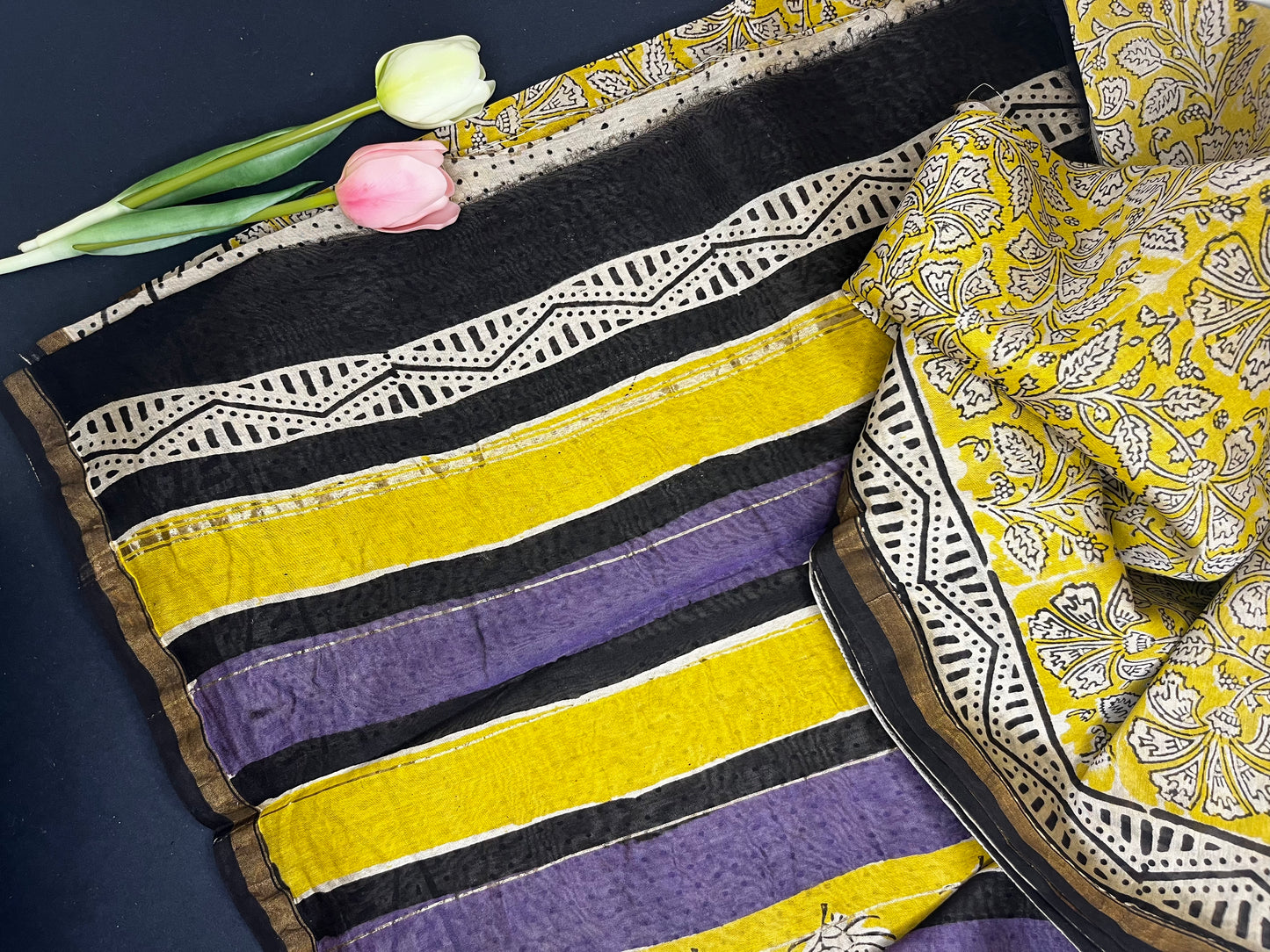 Chanderi silk with floral  handblock print- yellow