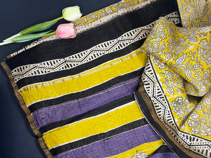 Chanderi silk with floral  handblock print- yellow