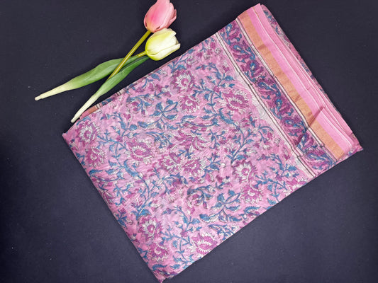 Chanderi silk with floral  handblock print- pink