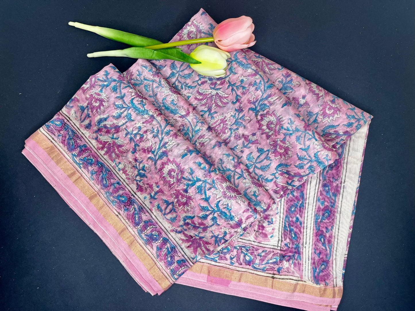 Chanderi silk with floral  handblock print- pink