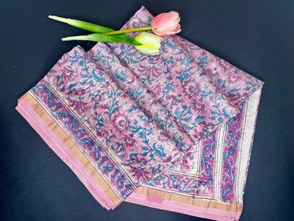 Chanderi silk with floral  handblock print- pink