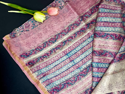 Chanderi silk with floral  handblock print- pink