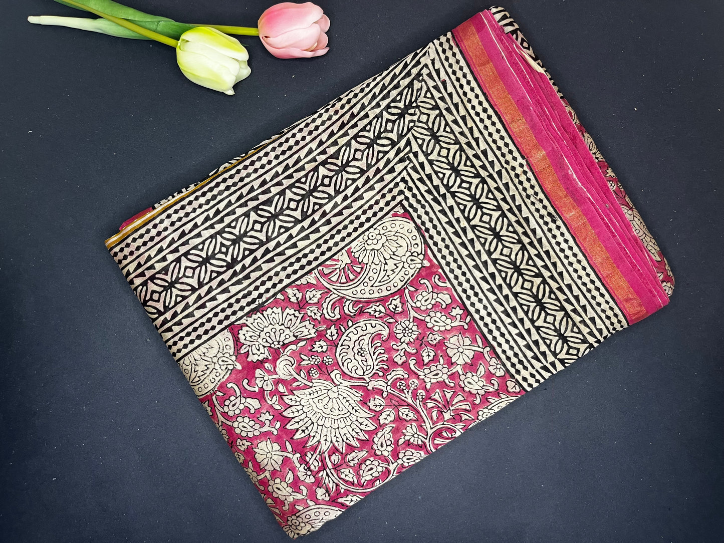 Chanderi silk with floral  handblock print- Pink