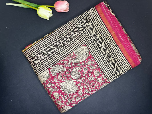 Chanderi silk with floral  handblock print- Pink