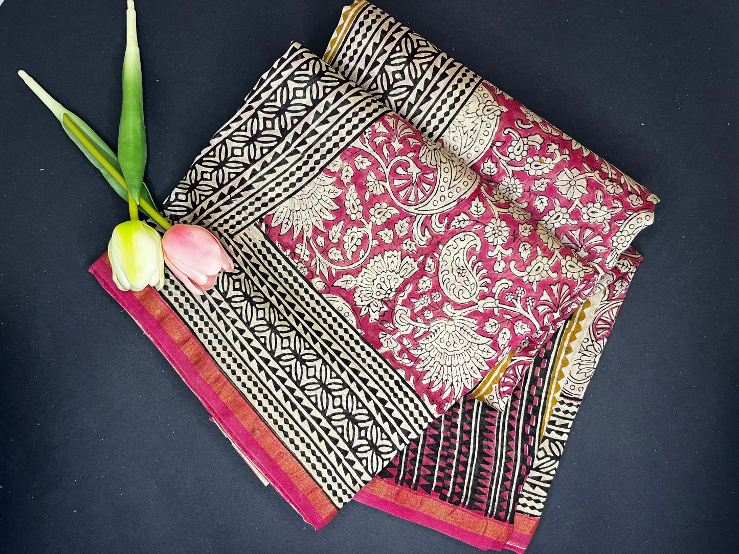 Chanderi silk with floral  handblock print- Pink