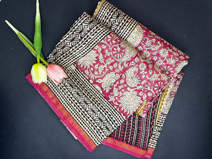 Chanderi silk with floral  handblock print- Pink