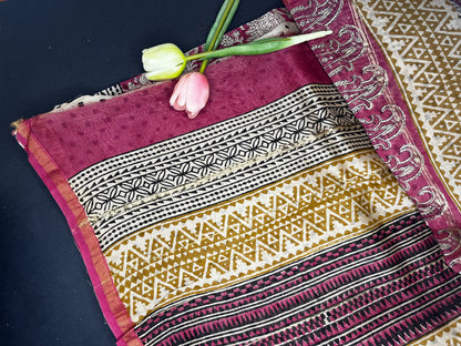 Chanderi silk with floral  handblock print- Pink