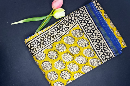 Chanderi silk with floral  handblock print- yellow