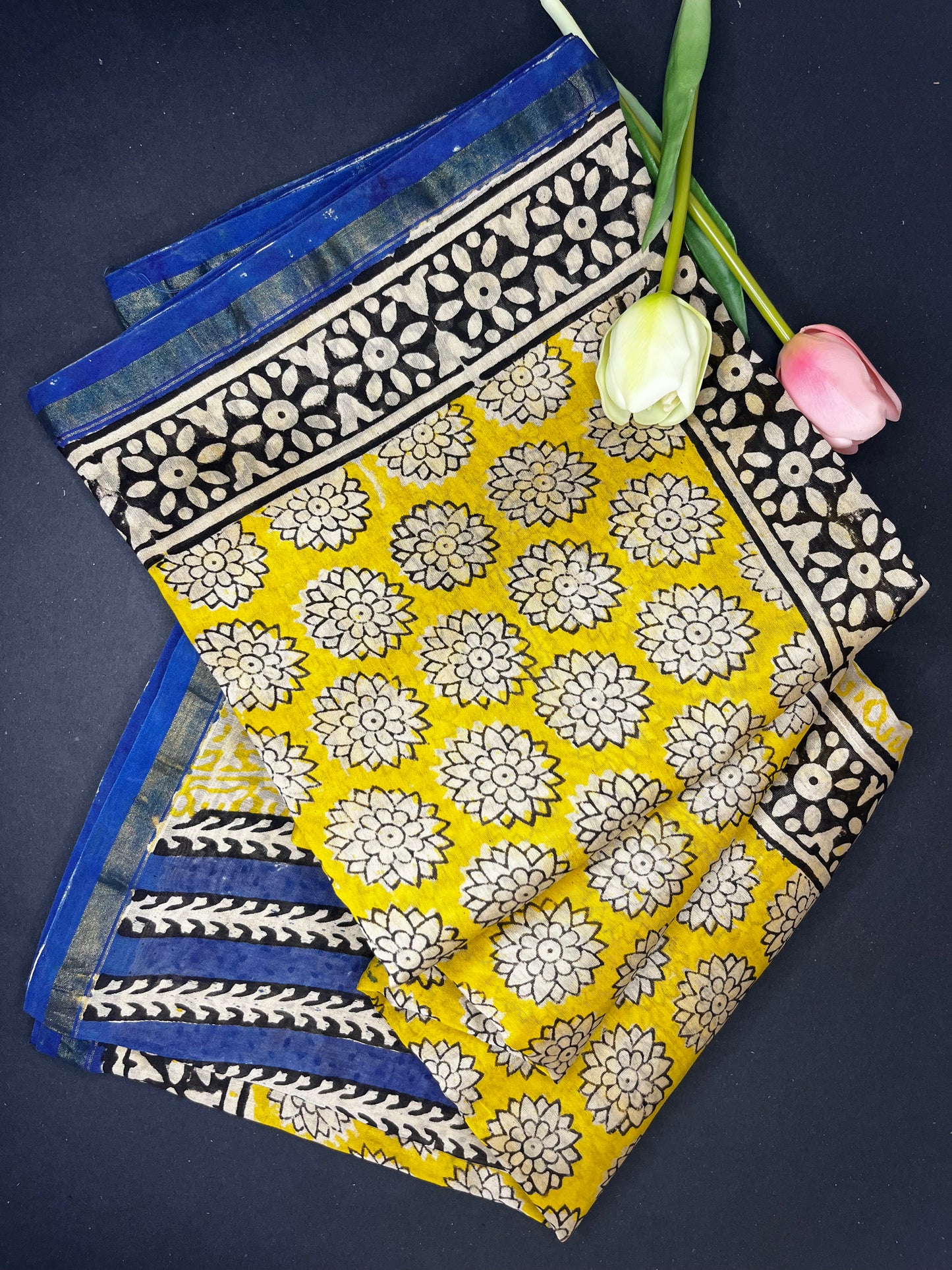 Chanderi silk with floral  handblock print- yellow