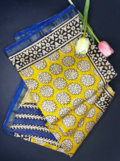 Chanderi silk with floral  handblock print- yellow