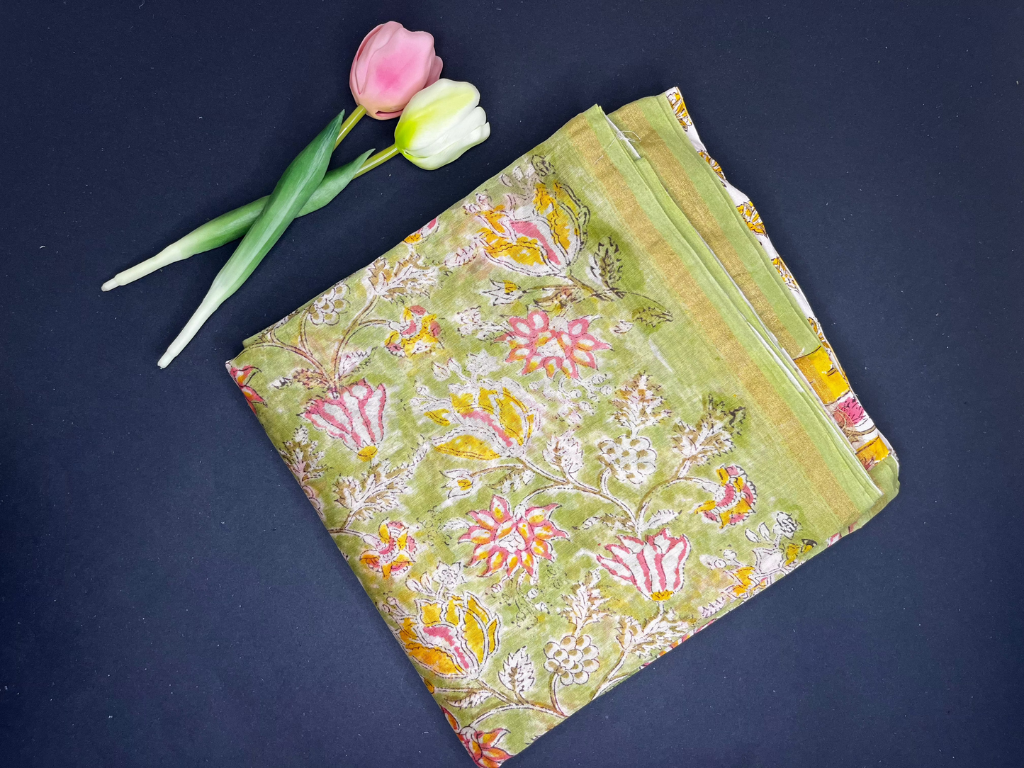 Chanderi silk with floral  handblock print- green
