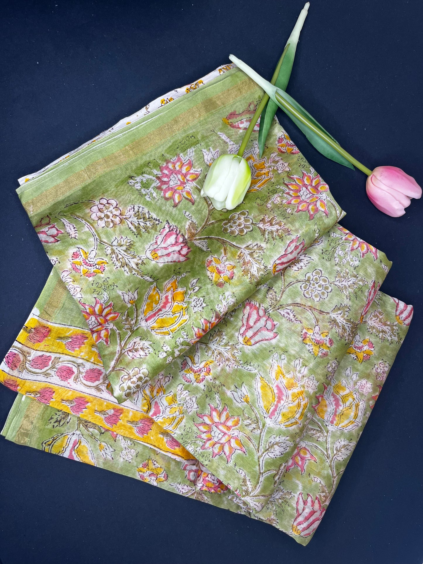 Chanderi silk with floral  handblock print- green