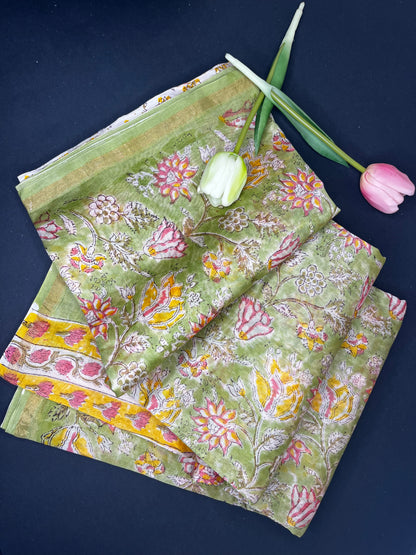 Chanderi silk with floral  handblock print- green