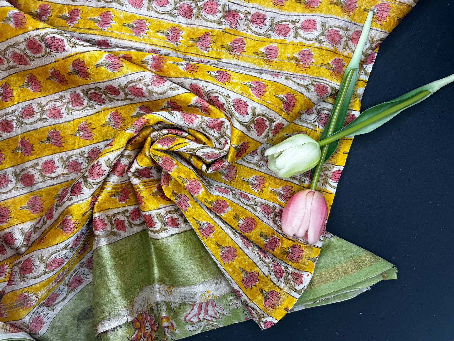 Chanderi silk with floral  handblock print- green