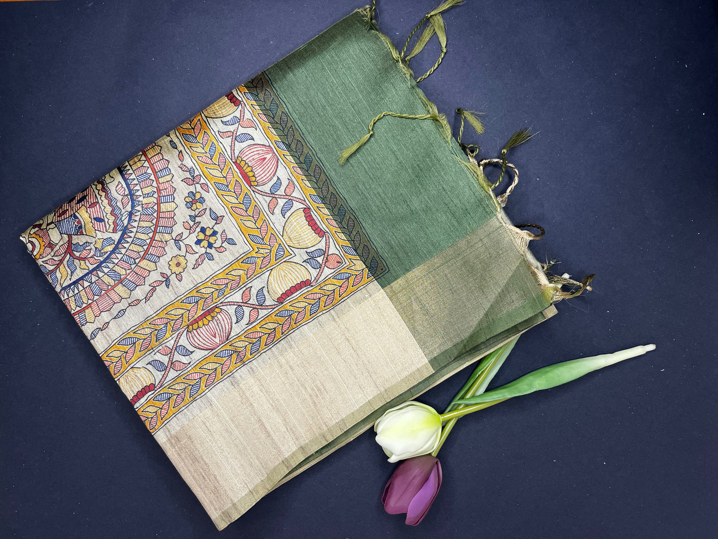 Madhubani print art silk saree- green