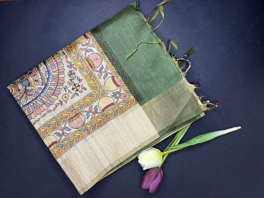 Madhubani print art silk saree- green