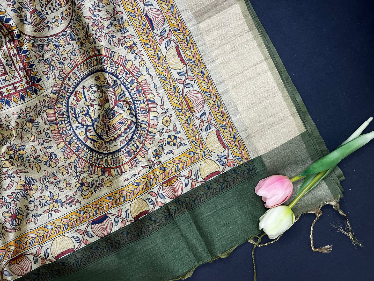 Madhubani print art silk saree- green