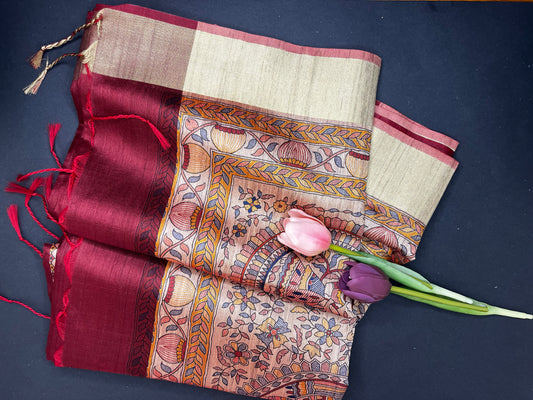 Madhubani print art silk saree- Wine