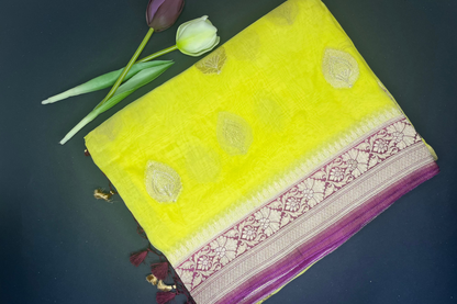 Organza Khaddi banarasi saree -lemon yellow