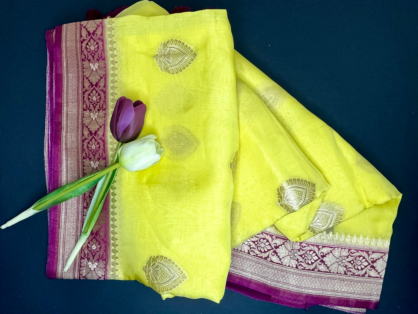 Organza Khaddi banarasi saree -lemon yellow