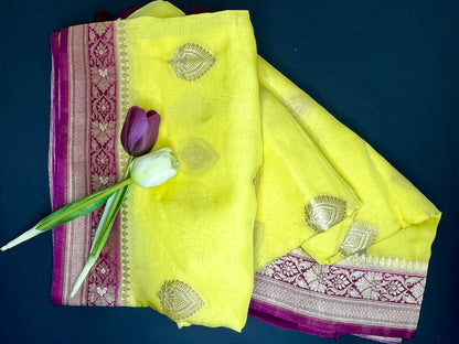Organza Khaddi banarasi saree -lemon yellow