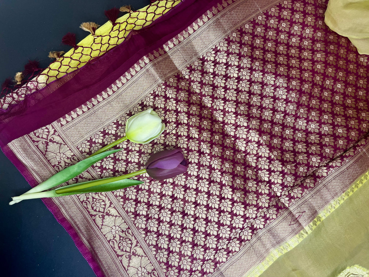 Organza Khaddi banarasi saree -lemon yellow