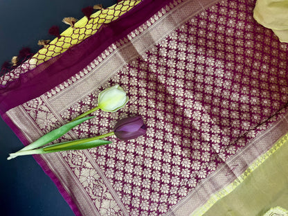 Organza Khaddi banarasi saree -lemon yellow