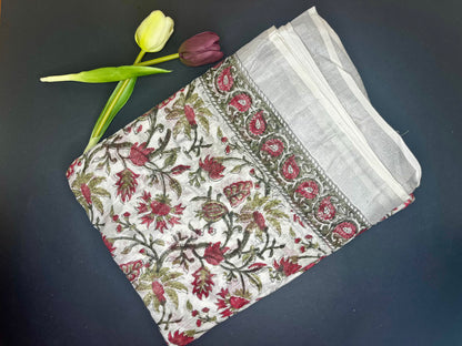 Linen slub floral handblock saree