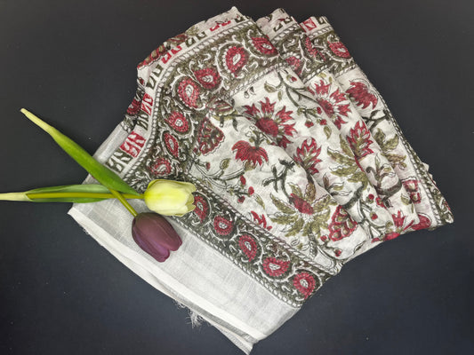 Linen slub floral handblock saree