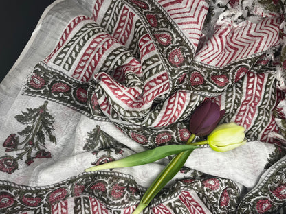 Linen slub floral handblock saree