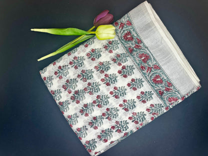 Linen slub floral handblock saree