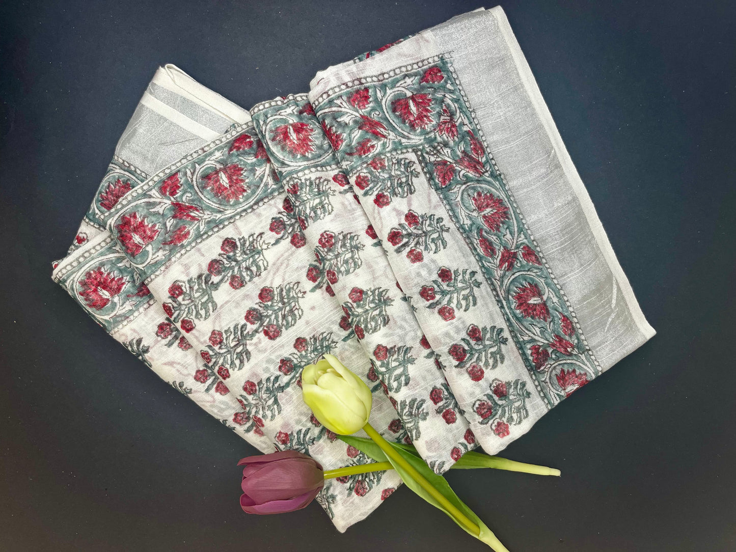 Linen slub floral handblock saree