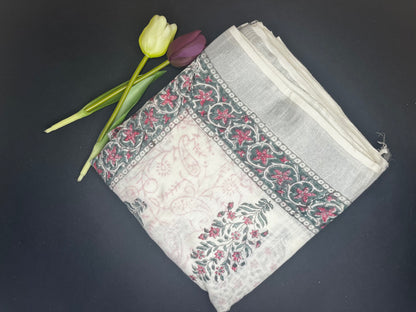 Linen slub floral handblock saree