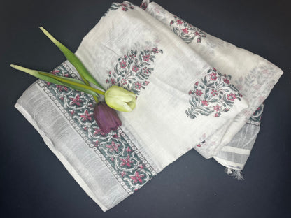 Linen slub floral handblock saree