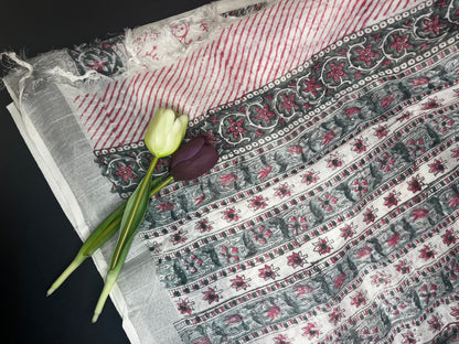 Linen slub floral handblock saree