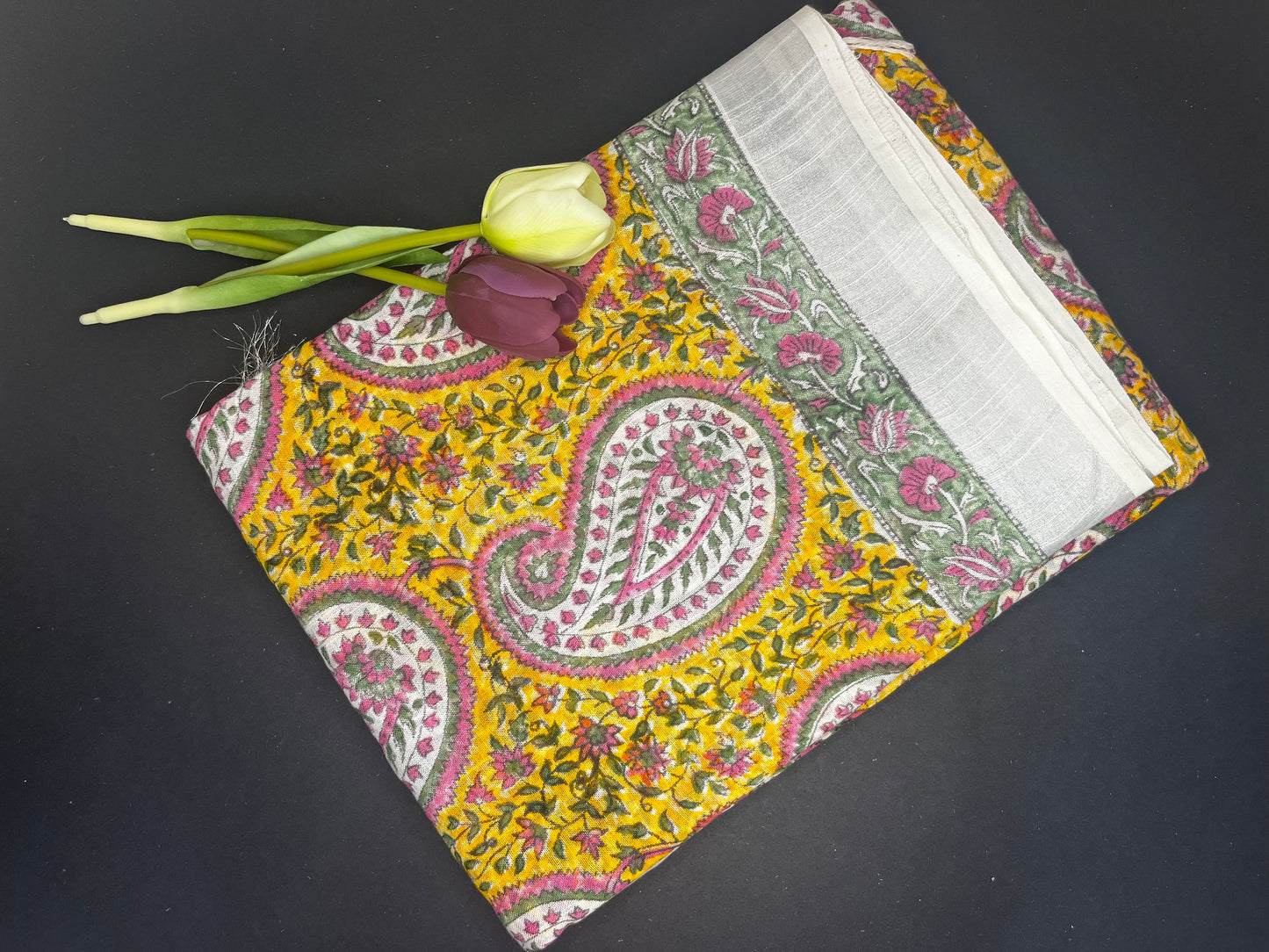 Linen slub floral handblock saree