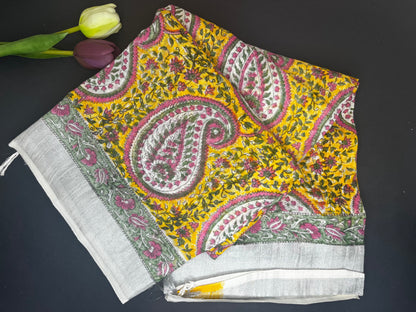 Linen slub floral handblock saree