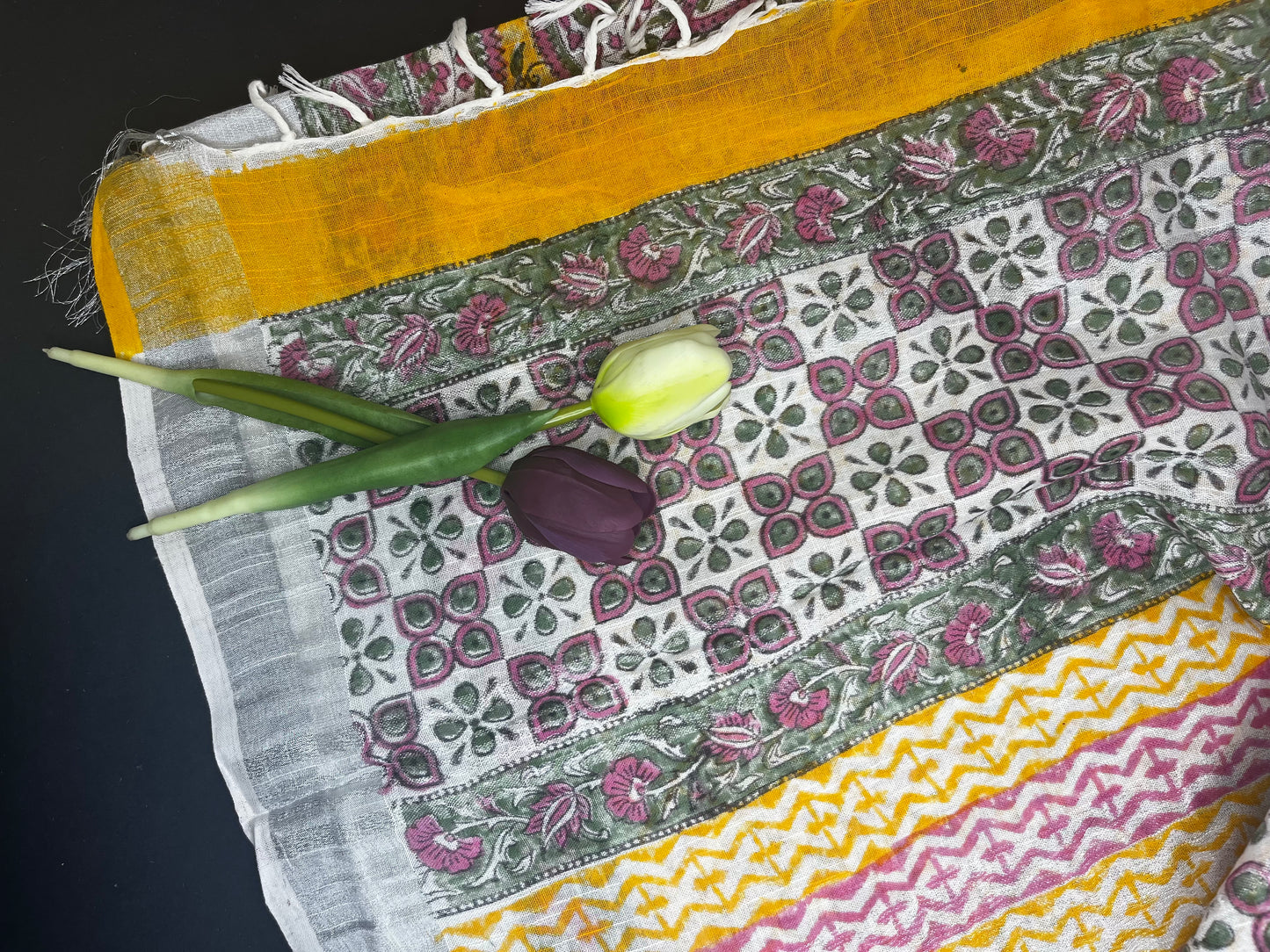 Linen slub floral handblock saree