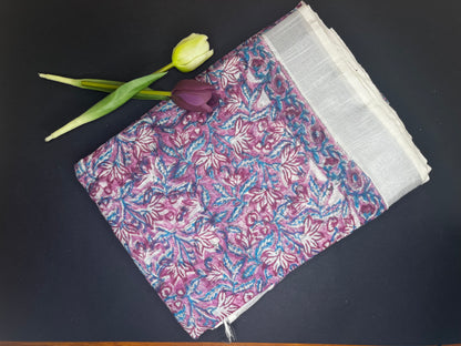 Linen slub floral handblock saree